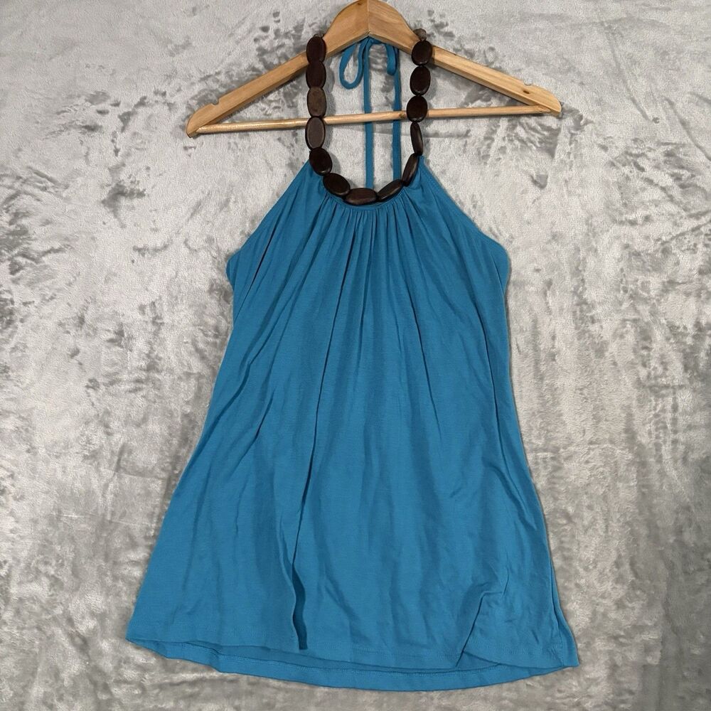 Vtg L8TER Clothing Blue Beaded Halter Top Large Y2K McBling Boho Whimsigoth USA